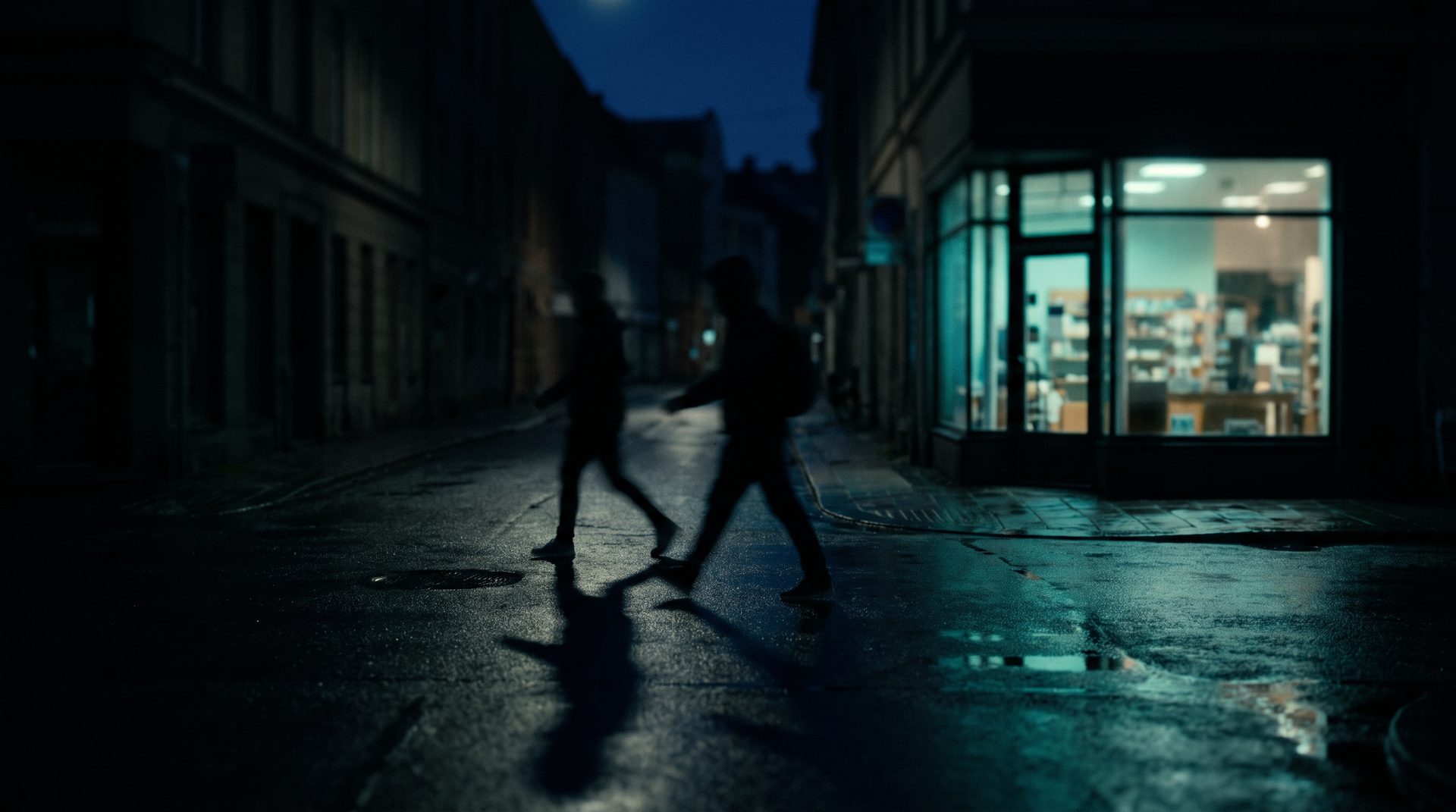 Vitrine iluminada em teal numa rua escura