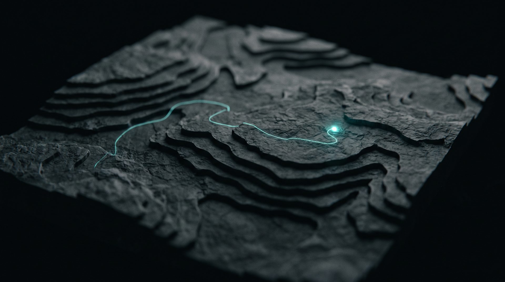 Mapa topográfico escuro com um caminho de luz