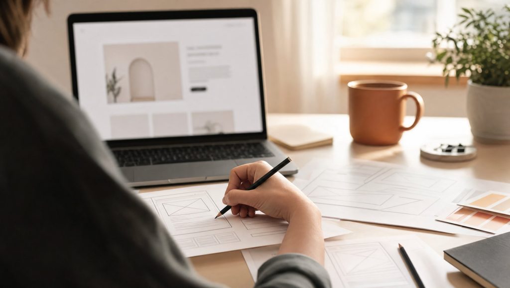 Rascunho de wireframe de landing page ao lado do notebook